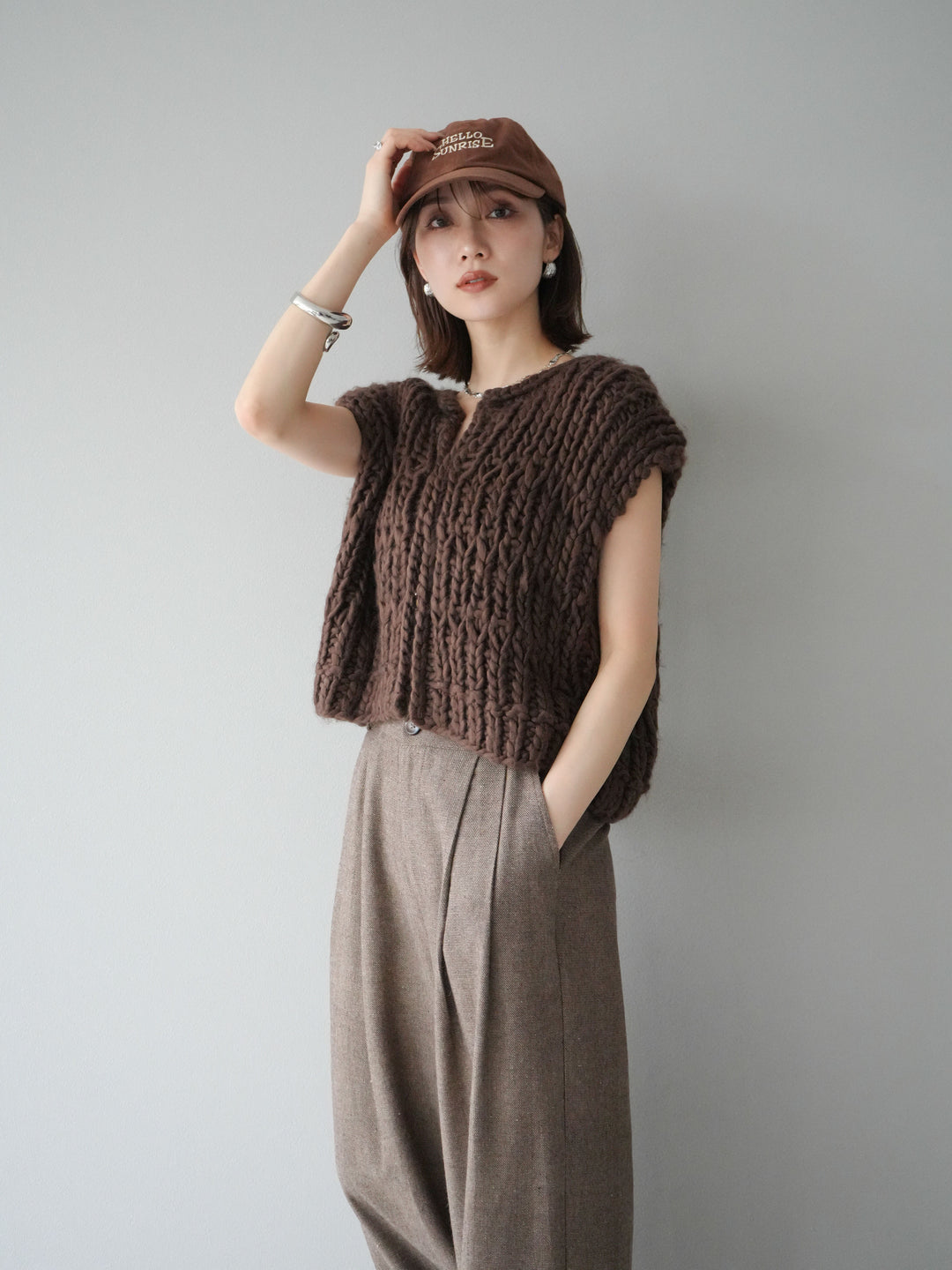 [SET] 手編繩結背心+粗花呢觸感褶皺寬褲（2件組）