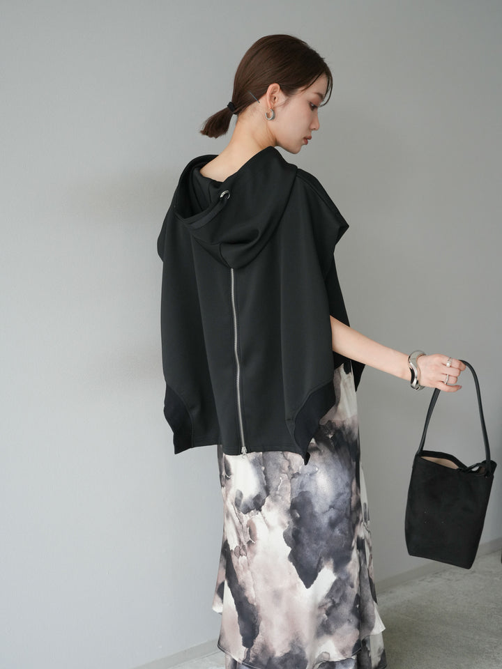 [SET]アシンメトリードルマンバックZIPフーディー+ニュアンスサテンフリルスカート(2set)