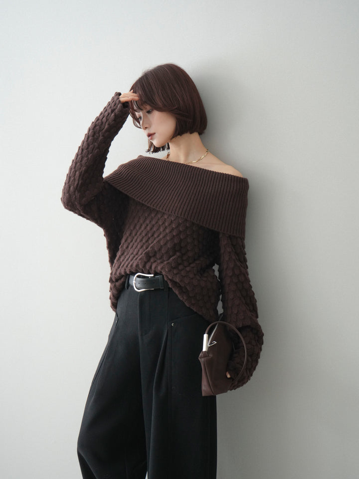 [予約]ポコポコ編みオフショルニットプルオーバー/brown