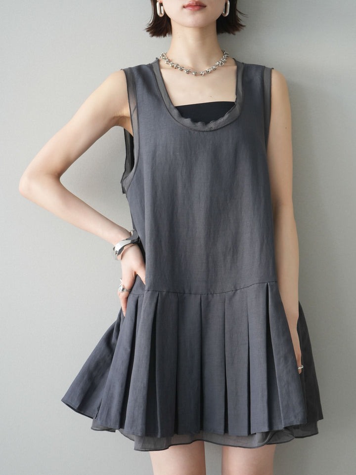 [予約]チュールドッキング裾プリーツミニワンピース/charcoal