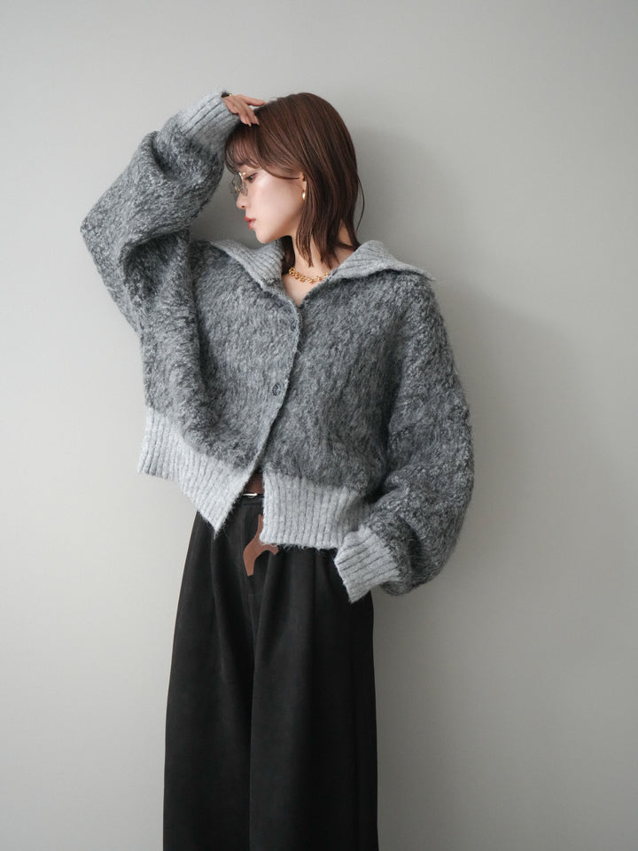 [SET]リブ切替メランジニットカーディガン+モチーフベルト付スエードタックワイドパンツ(2set)