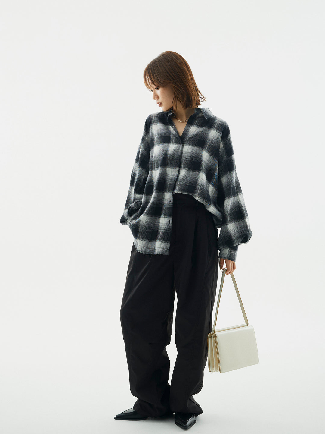 【Allure】[SET]オンブレチェックオーバーシャツ+タフタワイドカーブパンツ(2set)