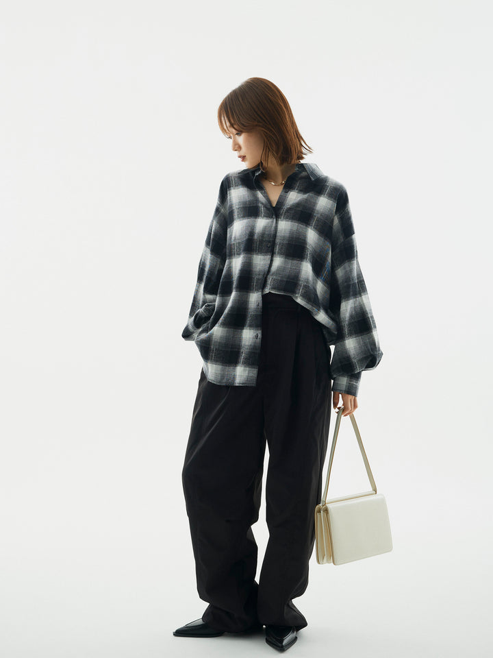 【Allure】[SET]オンブレチェックオーバーシャツ+タフタワイドカーブパンツ(2set)