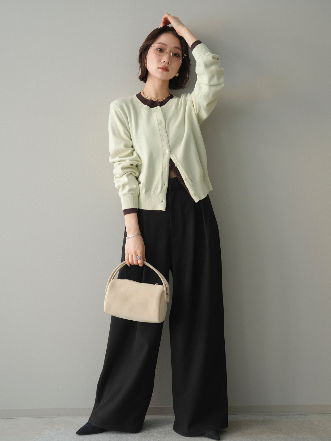 [予約]サテンベルトタックワイドパンツ/black