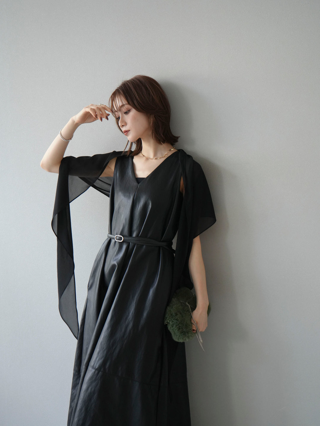 [予約]レザーAラインワンピース/ブラック