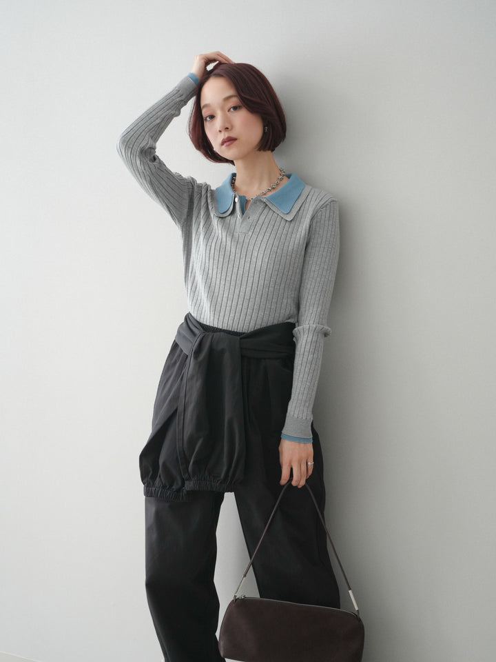 [SET]ダブル襟ポロリブニットトップス+ダブル襟ポロリブニットトップス(2set)