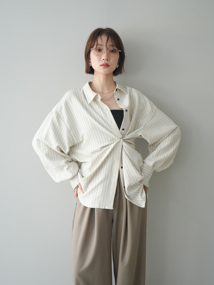 [SET]2WAYカシュクールストライプブラウス+ベルト付キーホルダーモチーフワイドパンツ(2set)