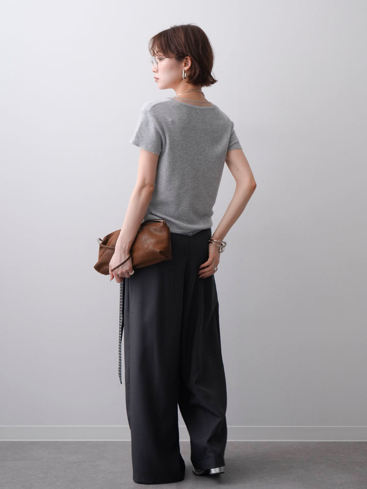 [SET]チュールレーヤードヘンリーフレンチニットトップス+ビジューベルトタックワイドパンツ(2set)
