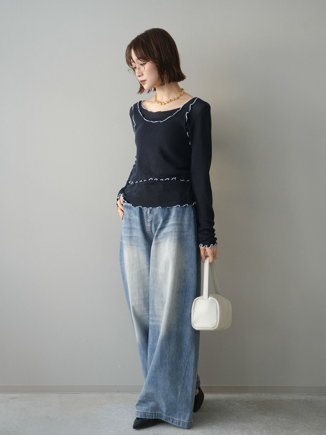 [SET]バイカラーメローアンサンブルシアーニットトップス+フロントポケットサイドタックワイドデニム(2set)