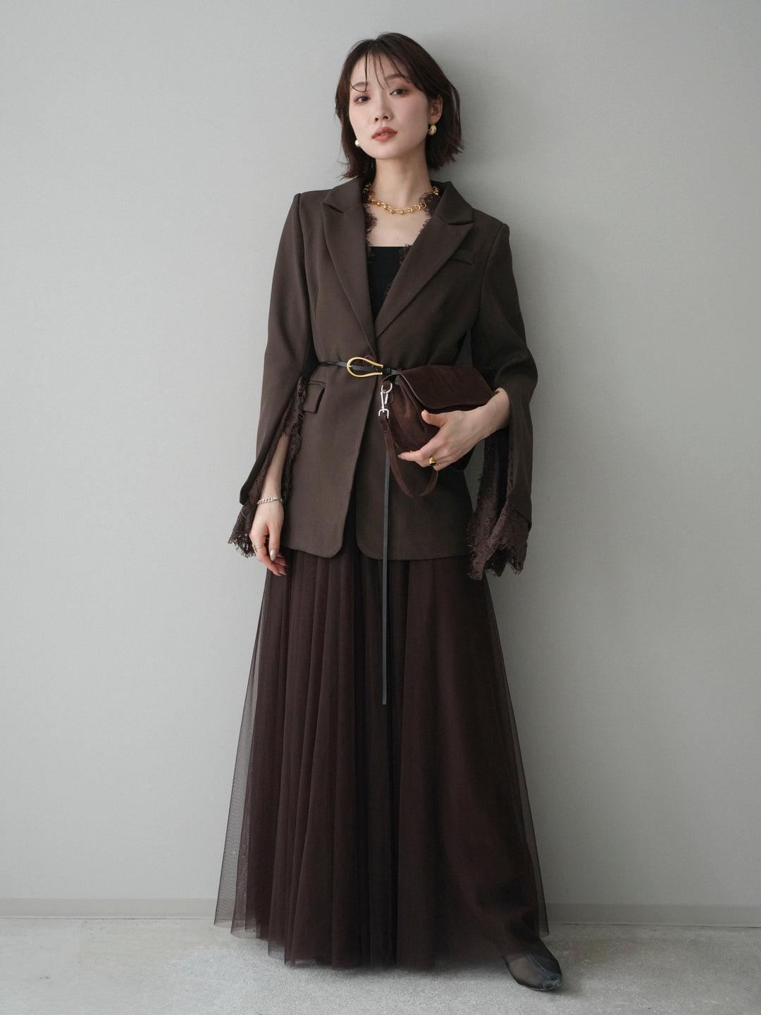 [予約]レースレイヤードスリットジャケット/brown