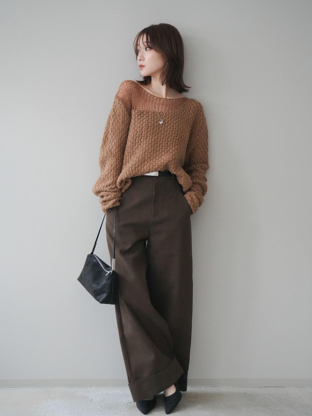 [予約]ベルト付き折り返しコットンツイルワイドパンツ/brown