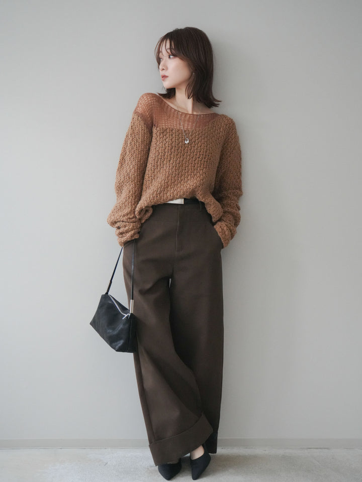 [予約]ベルト付き折り返しコットンツイルワイドパンツ/brown