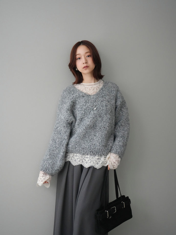 [SET]Vネックミックスヤーンニットプルオーバー+チュールレーストップス+テープベルトタックバギーパンツ(3set)