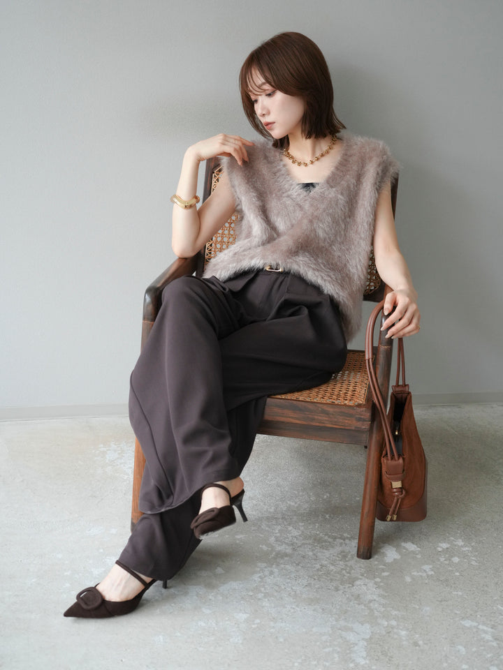 [SET]ラメシャギーVネックニットベスト+ベルトループデザインワイドパンツ(2set)