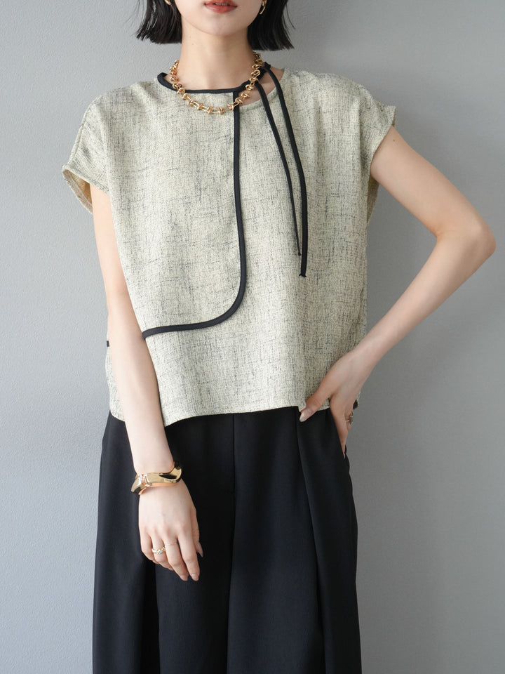 [SET]サマーツイードケープデザインプルオーバー+クレープシフォンタックワイドパンツ(2set)