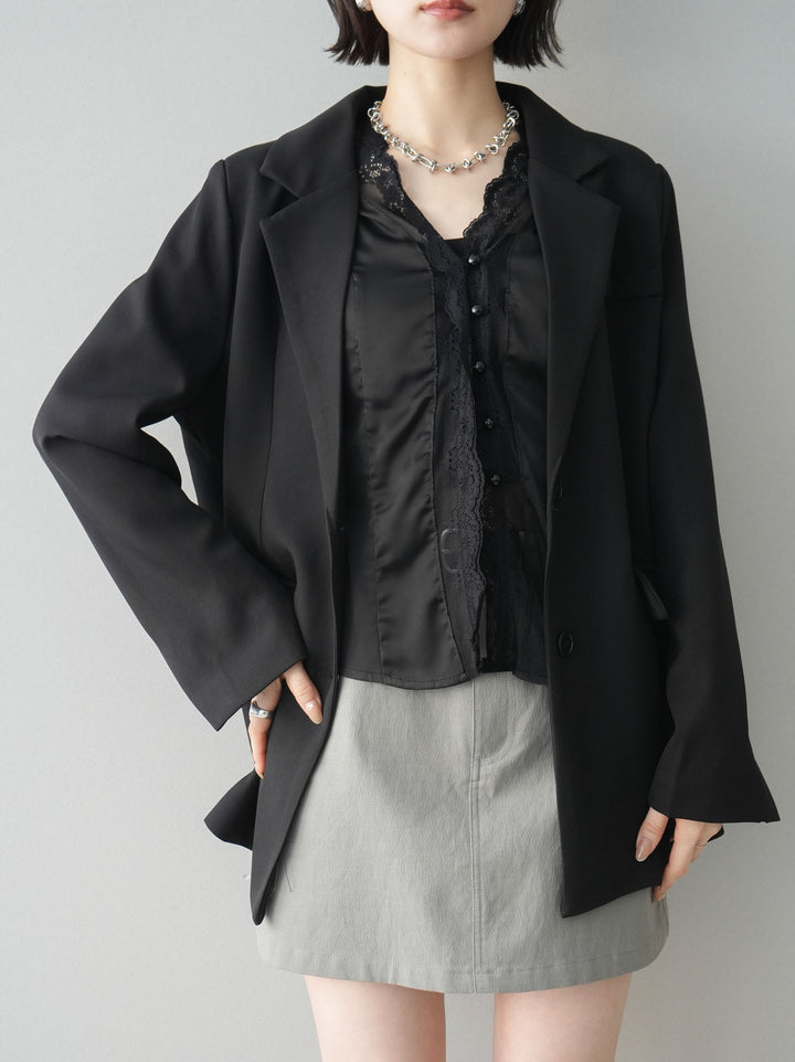 [SET]バックスリットデザインジャケット+ノースリサテンレースキャミソール+ベルト付カーゴミニスカート(3set)