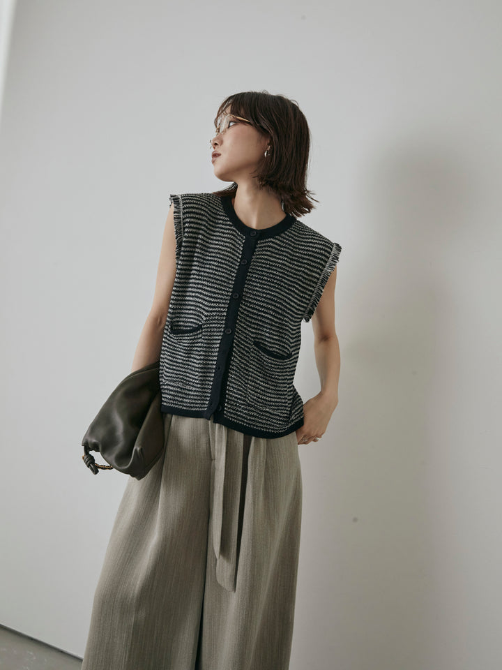 [予約]ボーダー袖フリンジニットベスト/ブラック