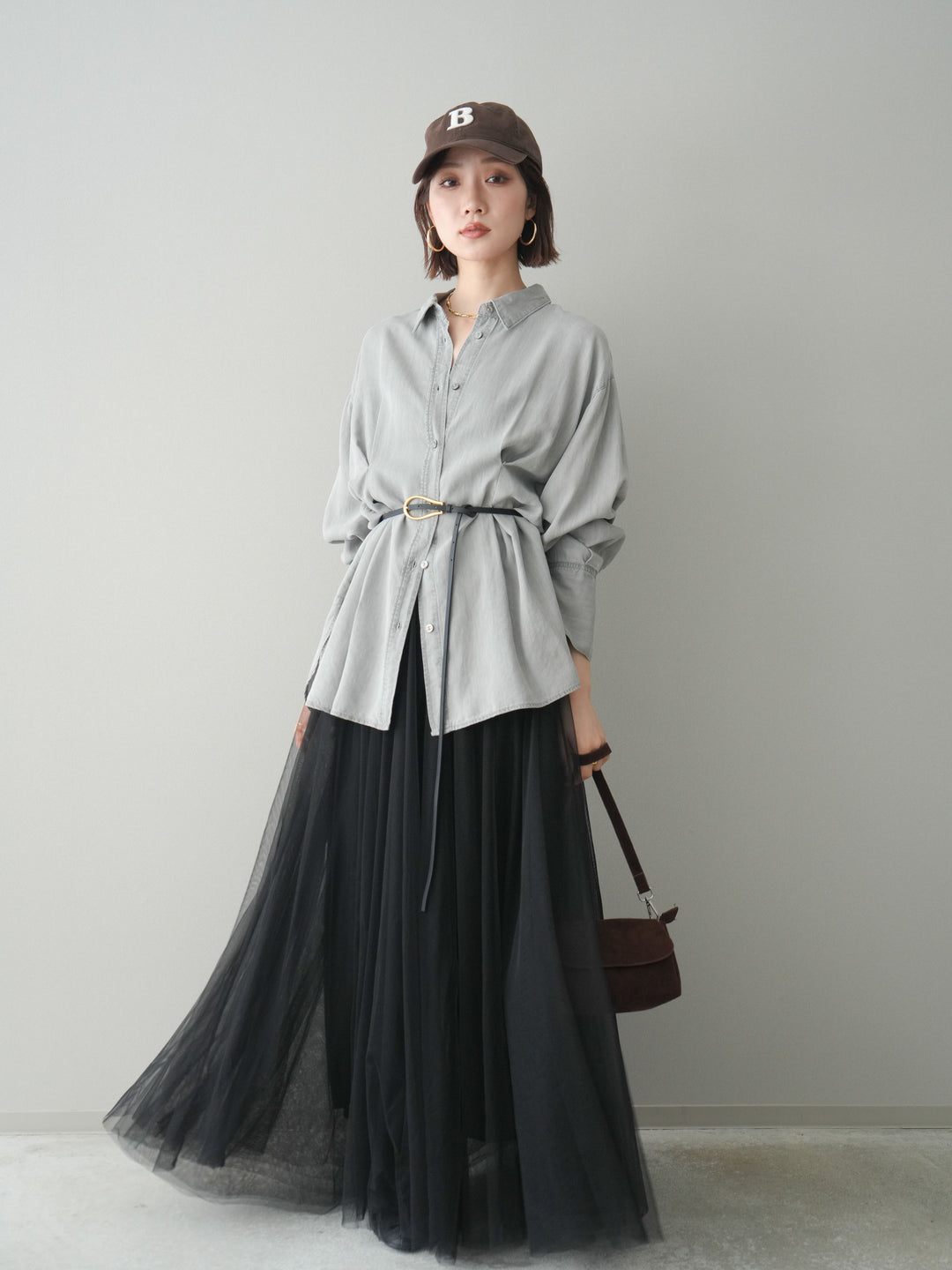 [SET]テンセルデニムタックシャツ+チュールボリュームスカート(2set)