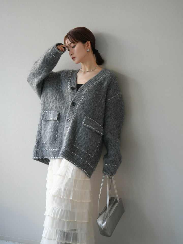 [予約]ステッチVネックニットカーディガン/グレー