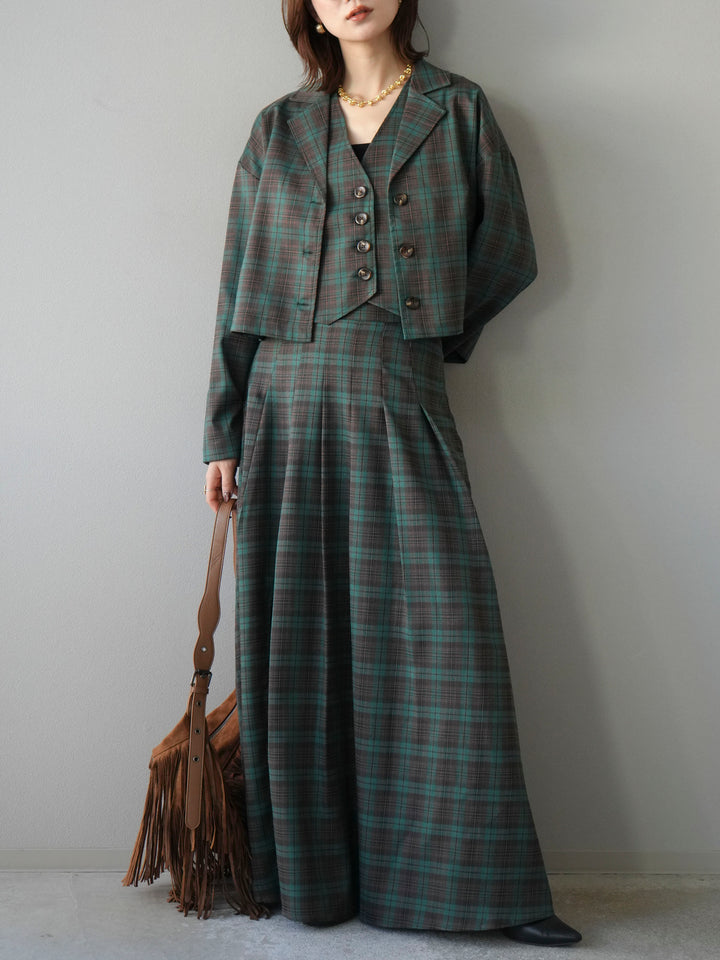 [SET]チェック柄ショートジャケット+チェック柄ベスト+チェック柄タックフレアスカート(3set)