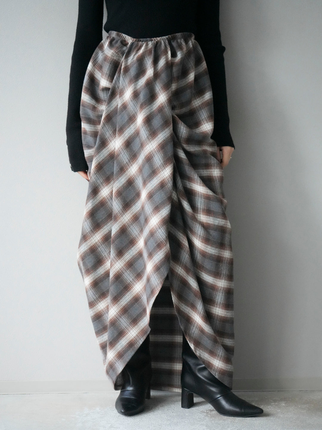 [予約]タックデザインチェックスカート/ブラウン