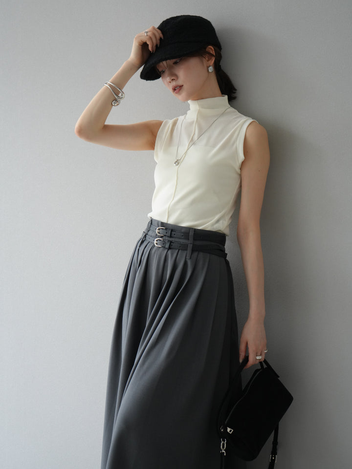 [SET]シアーベロアプチネックノースリーブトップス+エステルプリーツスリットスカート(2set)