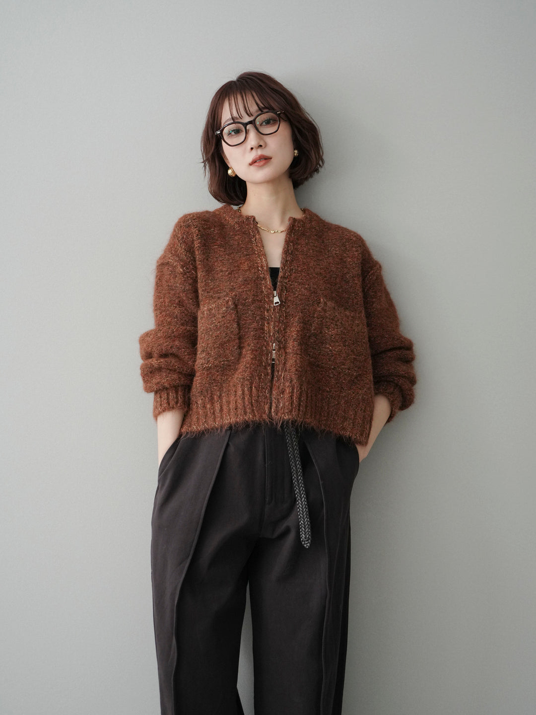 [予約]ミックスヤーンダブルZIPニットカーディガン/brown
