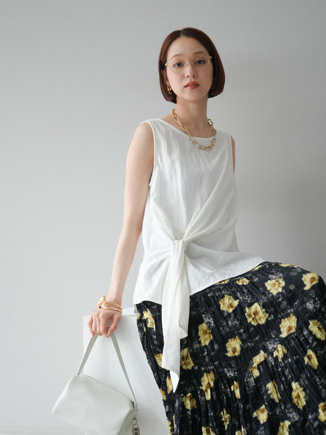 [SET]フロント巻きノースリーブブラウス+フラワーワッシャーロングスカート(2set)