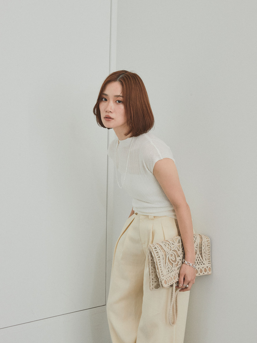 [予約]フレンチスリーブシアーニットトップス/ホワイト