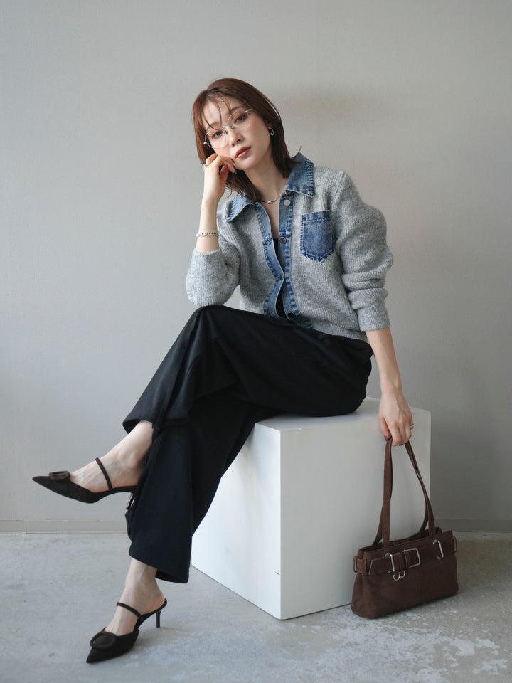 [予約]デニム襟ポケットニットカーディガン/gray