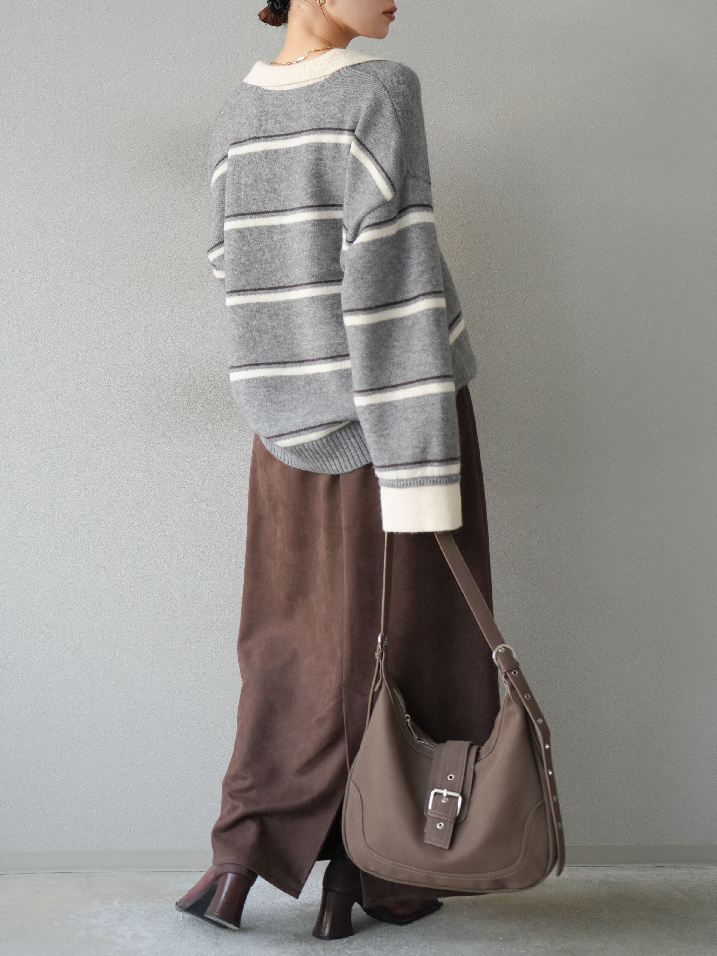 SET]ポロ襟スキッパーボーダーニットプルオーバー+スウェードIライン