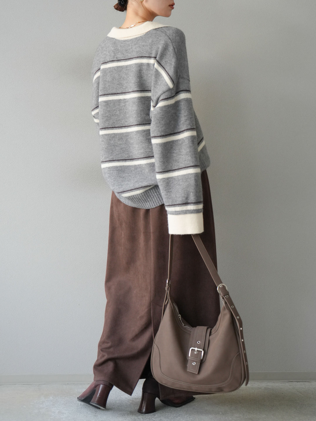 [SET]ポロ襟スキッパーボーダーニットプルオーバー+スウェードIラインスカート(2set)