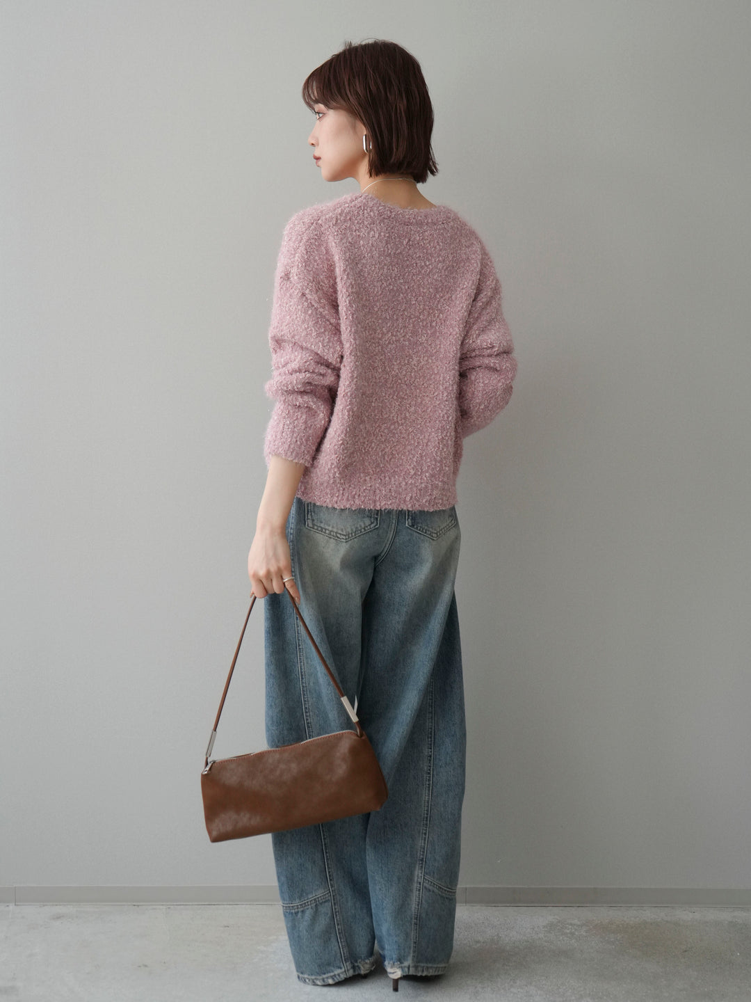 [SET]モールラメミックスヤーンニットプルオーバー+ベルト付カーブデニムパンツ(2set)