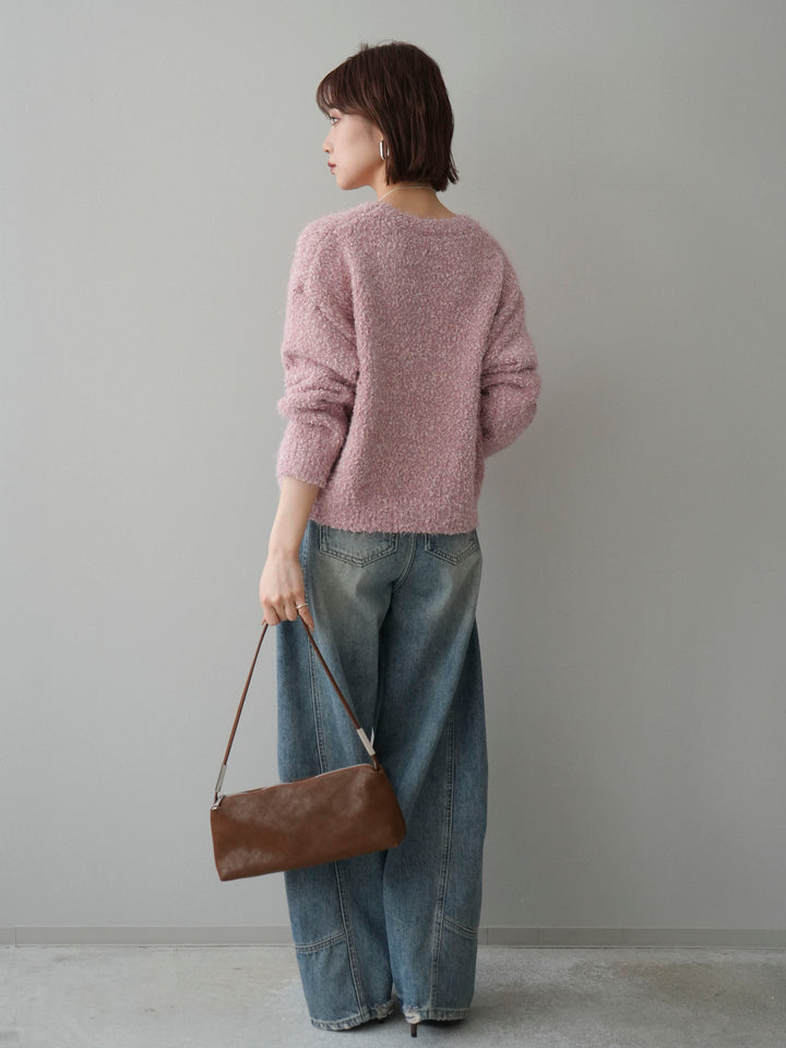 [SET]モールラメミックスヤーンニットプルオーバー+ベルト付カーブデニムパンツ(2set)