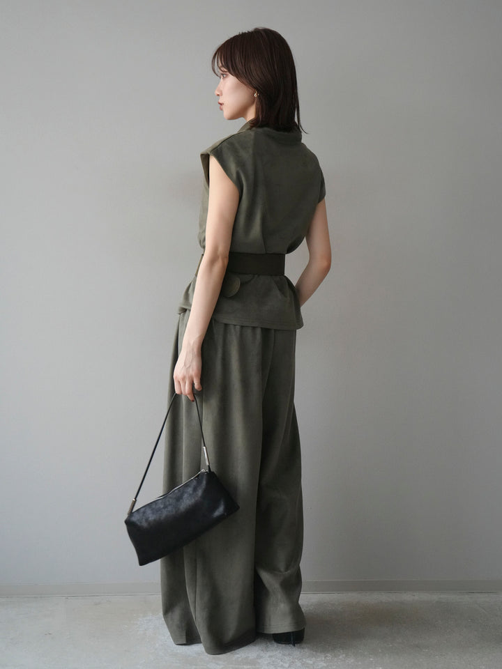 [SET]ベルト付スエードハイネックプルオーバー＆ワイドパンツSET UP