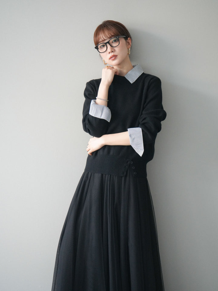 [予約]シャツドッキングデザイン裾ボタンニットプルオーバー/black