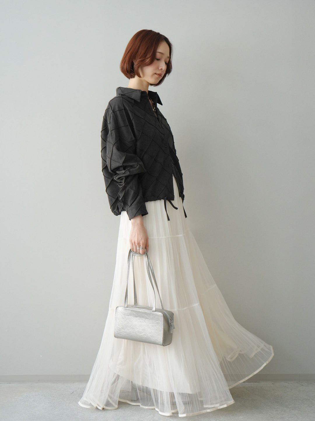 [予約]ラメプリーツレイヤードチュールロングスカート/ivory
