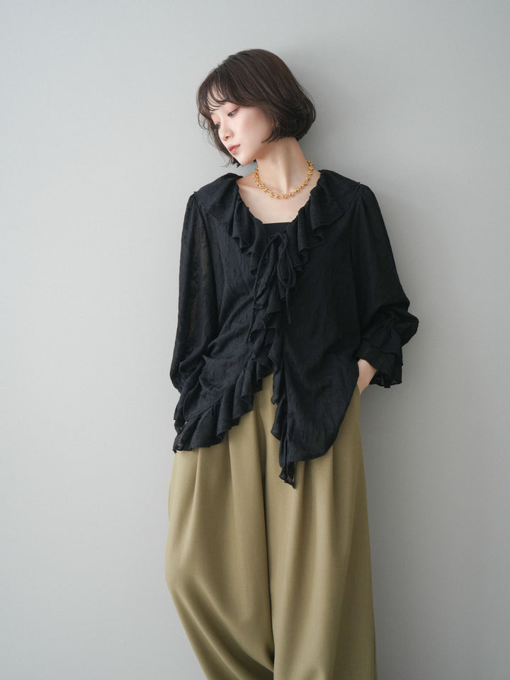 [予約]ラッフルレーススリットブラウス/black