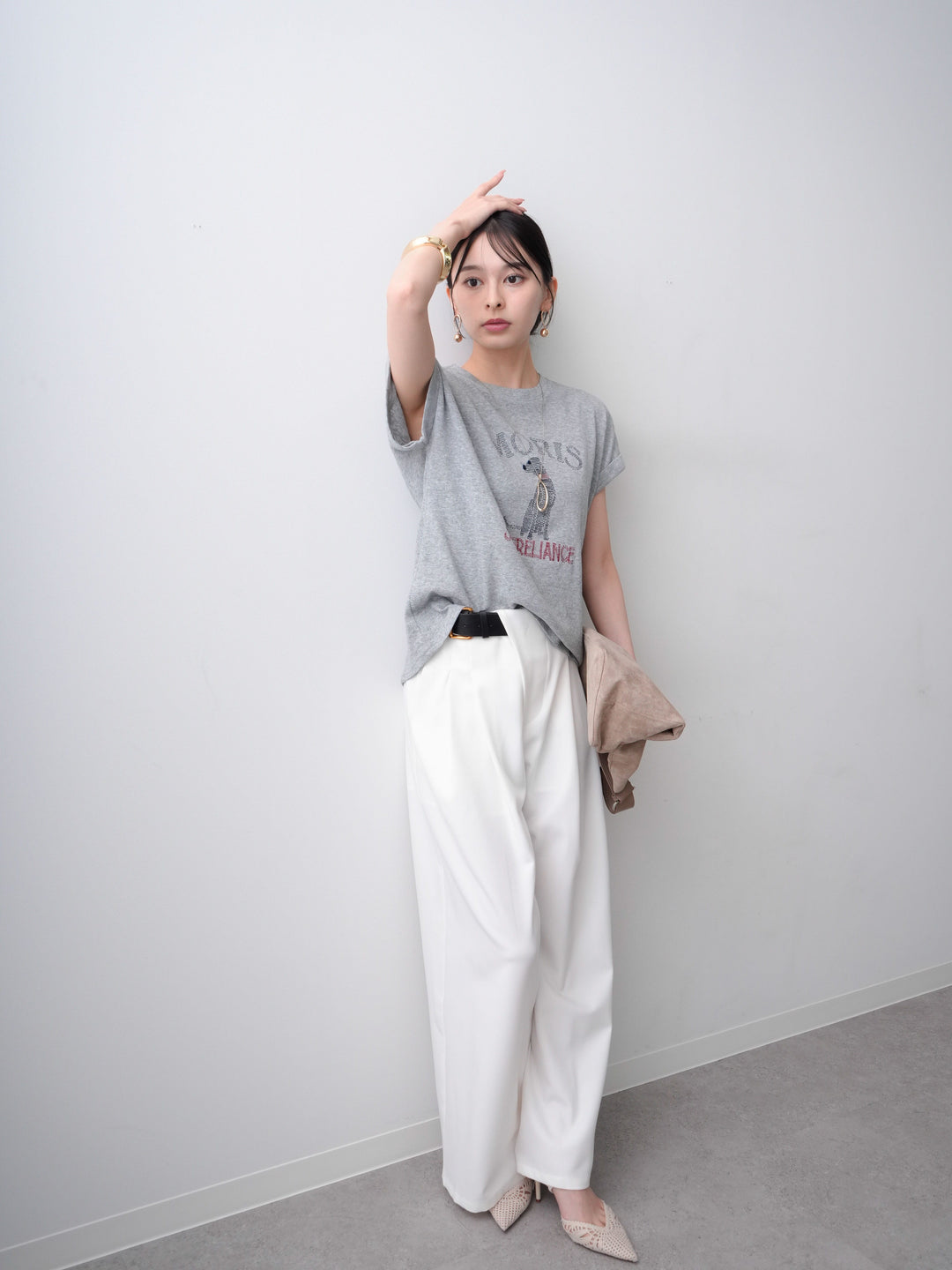 [SET]ドッグエンブロイダリーTEE+アシンメトリーベルトタックワイドパンツ(2set)