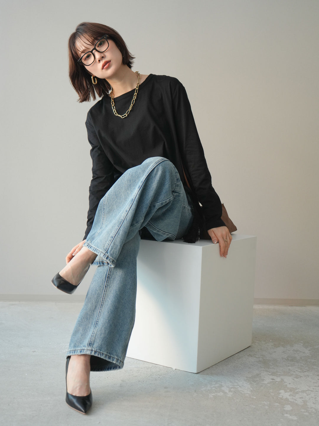 [SET]裾レースロングスリーブTシャツ+選べるアクセセット(2set)