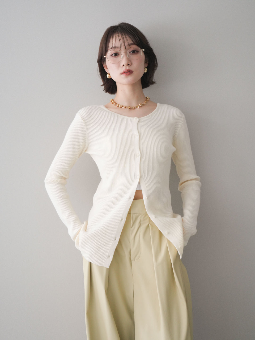 [予約]前後2WAYリブ編みクルーネックカーディガン/ivory