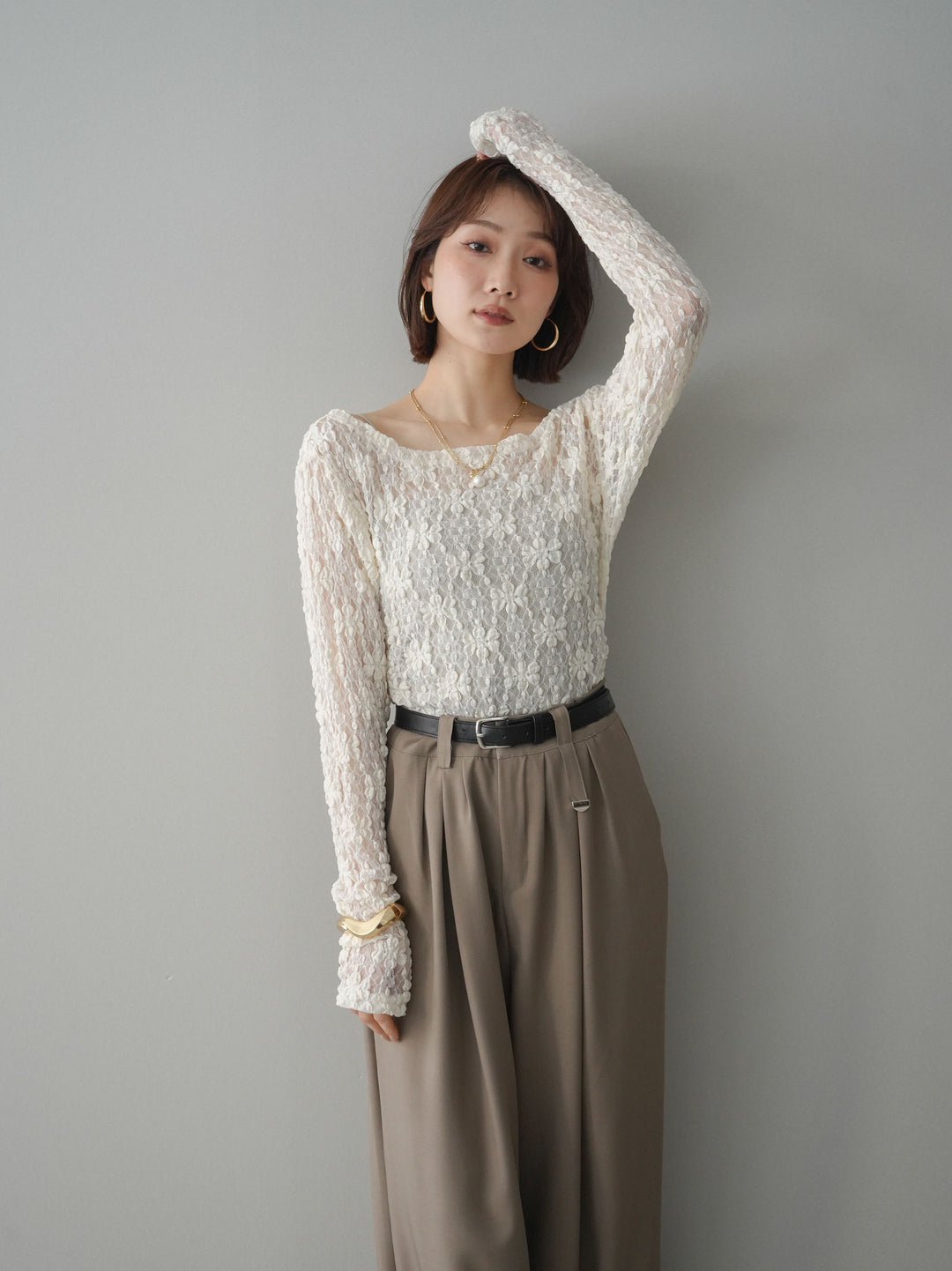 [SET]サイドギャザーレーストップス+サイドギャザーレーストップス(2set)