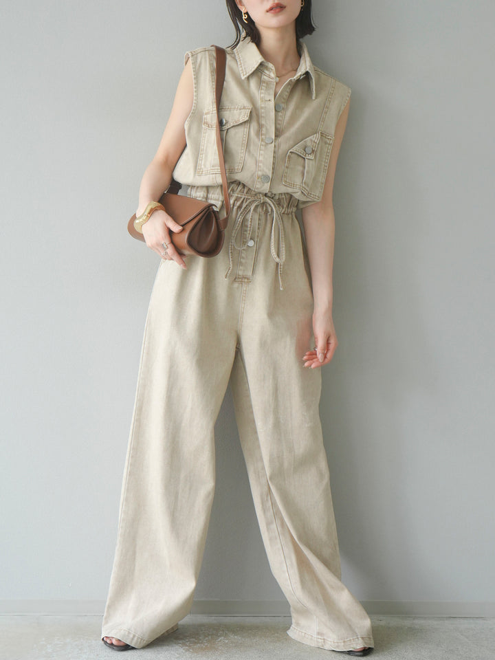 [予約]ポケットデザインデニムオールインワン/キャメル