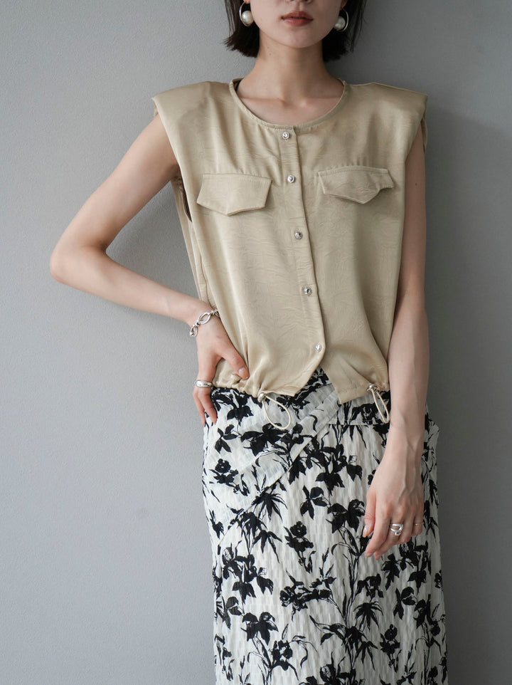 [Pre-order] Satin Drawstring Sleeveless Blouse/Beige