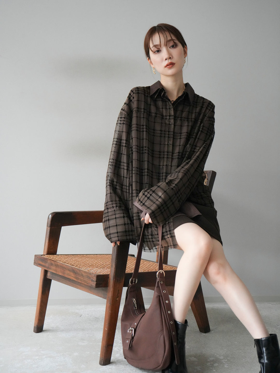 [予約]チェック柄チュールシャツアンサンブル/ブラウン