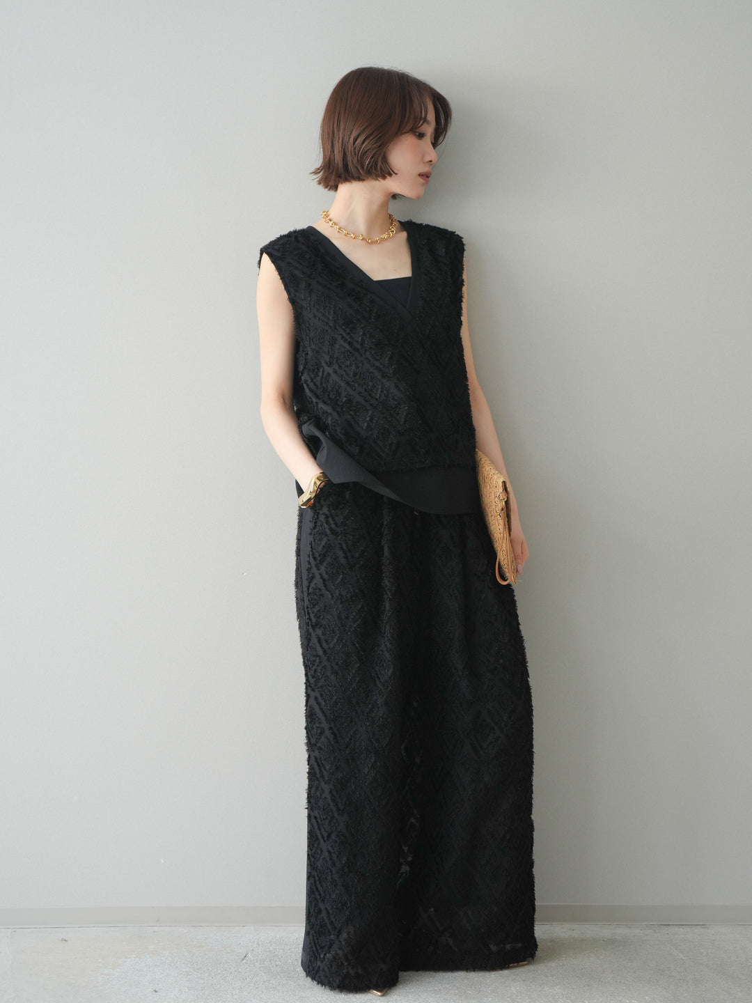 [SET]フリンジレイヤードVネックノースリーブ+フリンジイージーストレートパンツ(2set)