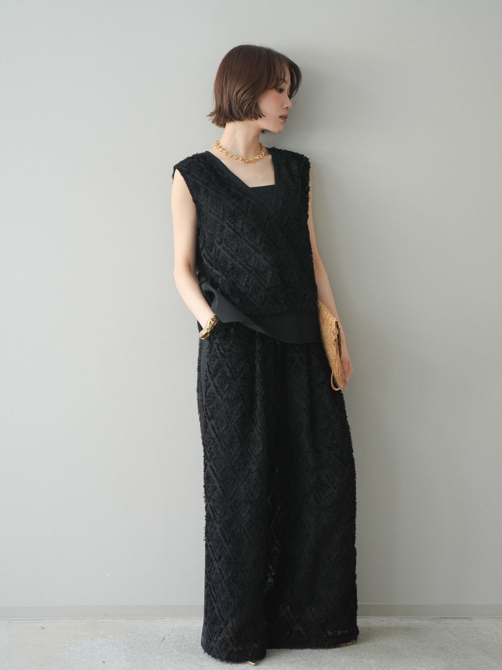 [SET]フリンジレイヤードVネックノースリーブ+フリンジイージーストレートパンツ(2set)