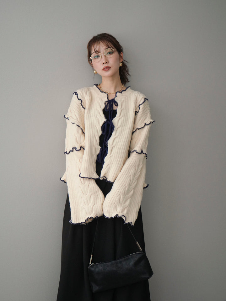 [予約]フロントリボン配色メローニットカーディガン/ivory