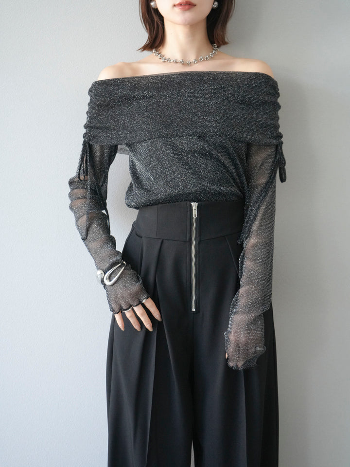 [予約]ラメシアーウィンガーホールオフショルトップス/ブラック