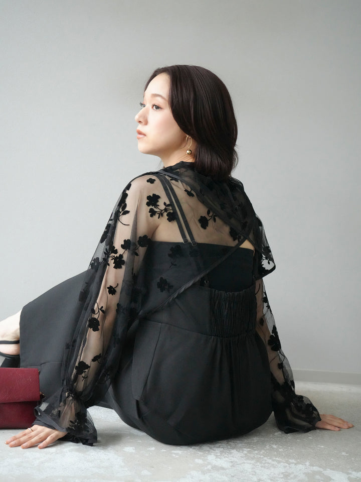 [予約]チュールフラワーフロッキーショートブラウス/ブラック